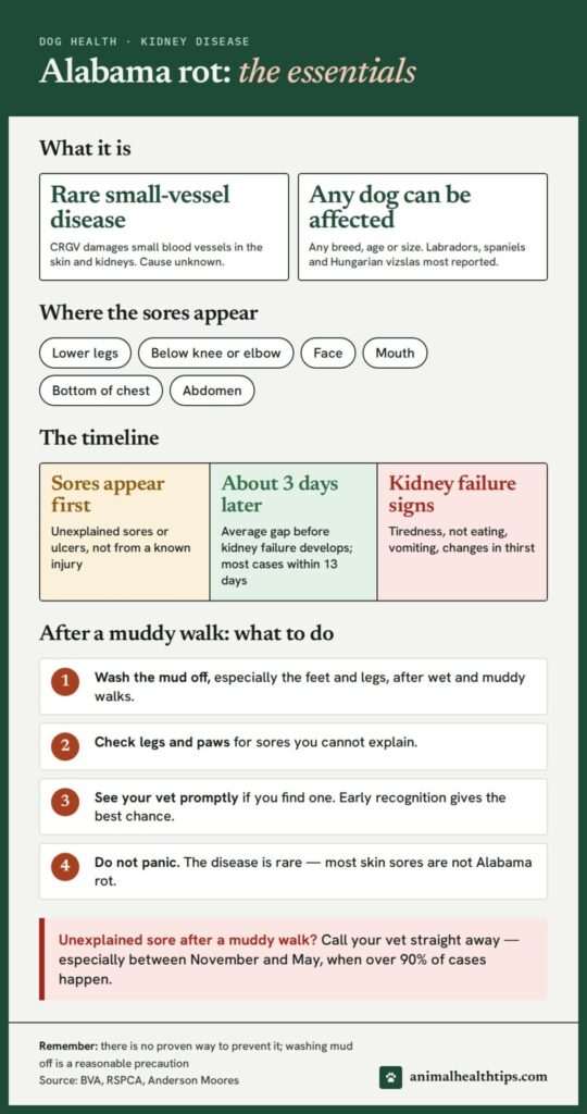 Alabama rot essentials: what it is, where sores appear, the timeline from sores to kidney failure, and what to do after a muddy walk