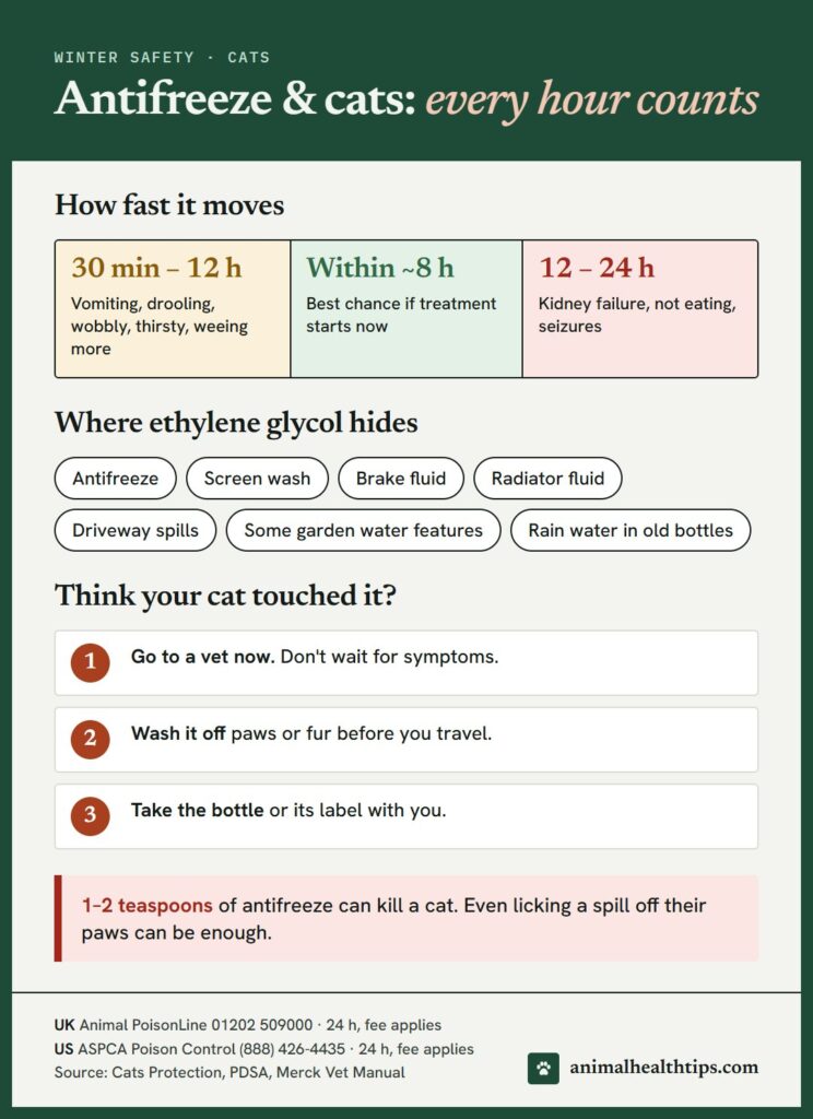 Antifreeze poisoning in cats timeline: early signs from 30 minutes to 12 hours, kidney failure from 12 to 24 hours, best treatment chance within 8 hours, plus where ethylene glycol hides and what to do