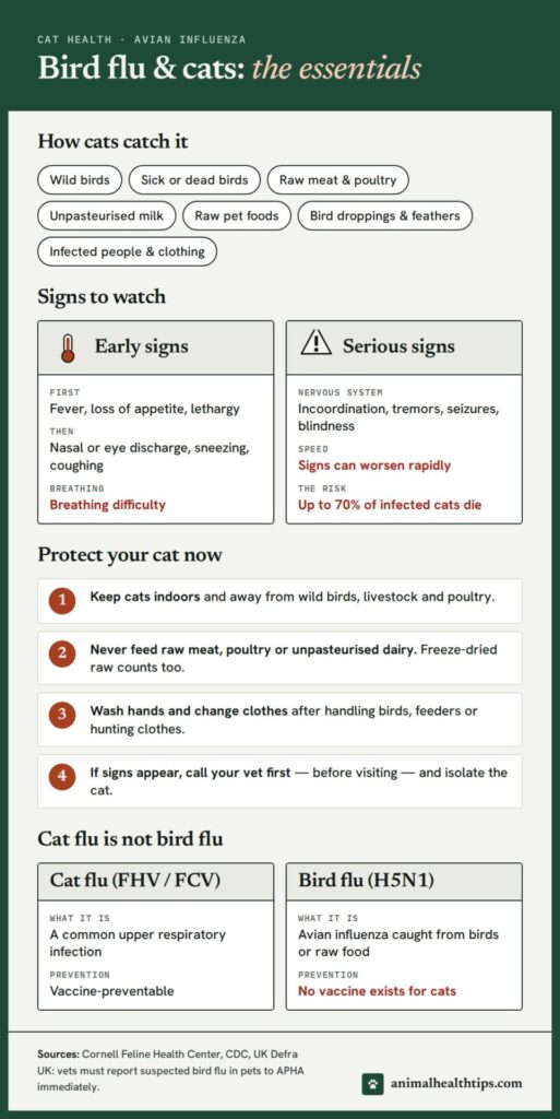 Bird flu and cats essentials: how cats catch it, signs to watch, protection steps, and how bird flu differs from cat flu