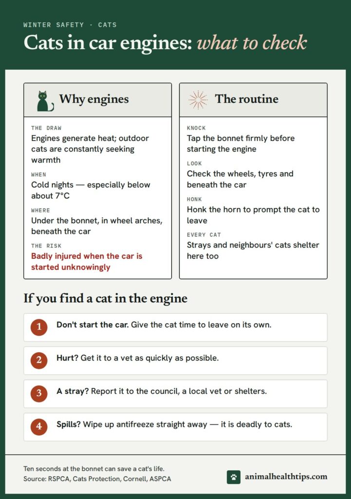 Cats in car engines infographic: why cats shelter in engines, the bonnet-knock routine, and what to do if you find a cat