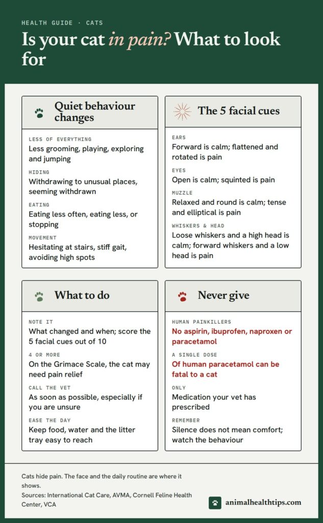 Cat pain guide: quiet behaviour changes to watch for, the five Feline Grimace Scale facial cues, and when to call the vet
