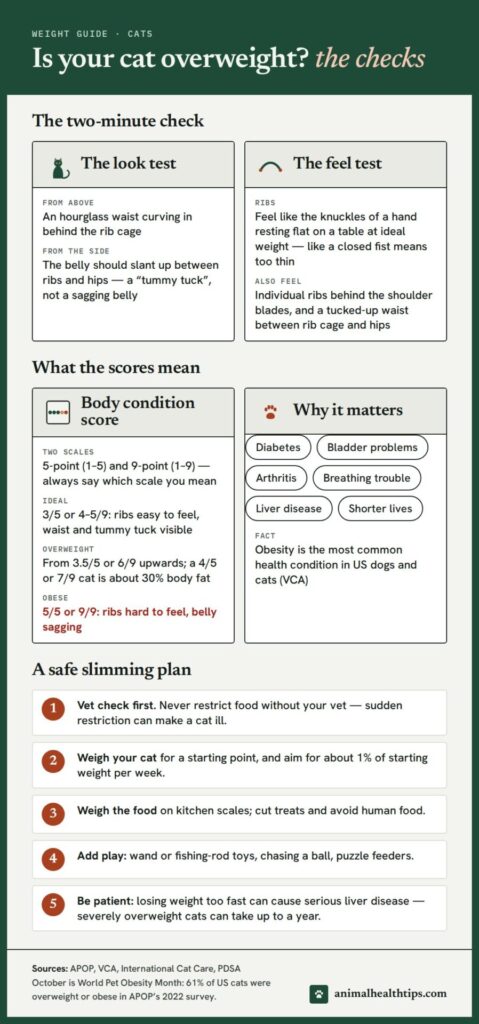 Cat weight checklist: the look and feel tests, body condition scores, why weight matters, and a safe slimming plan