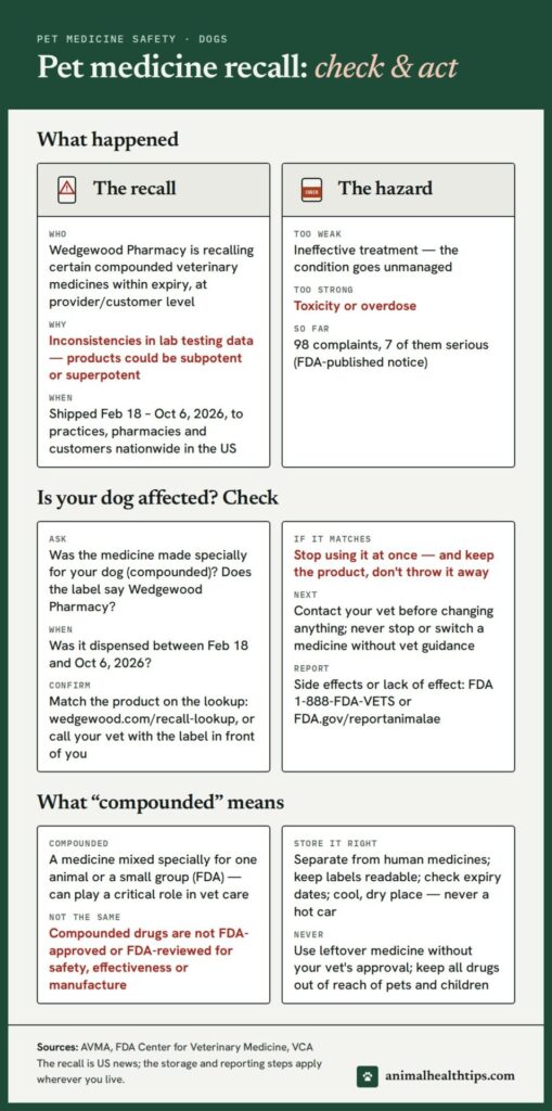 Pet medicine recall checklist: what the recall covers, how to check your dog's medicine, what to do if it matches, and safe storage steps