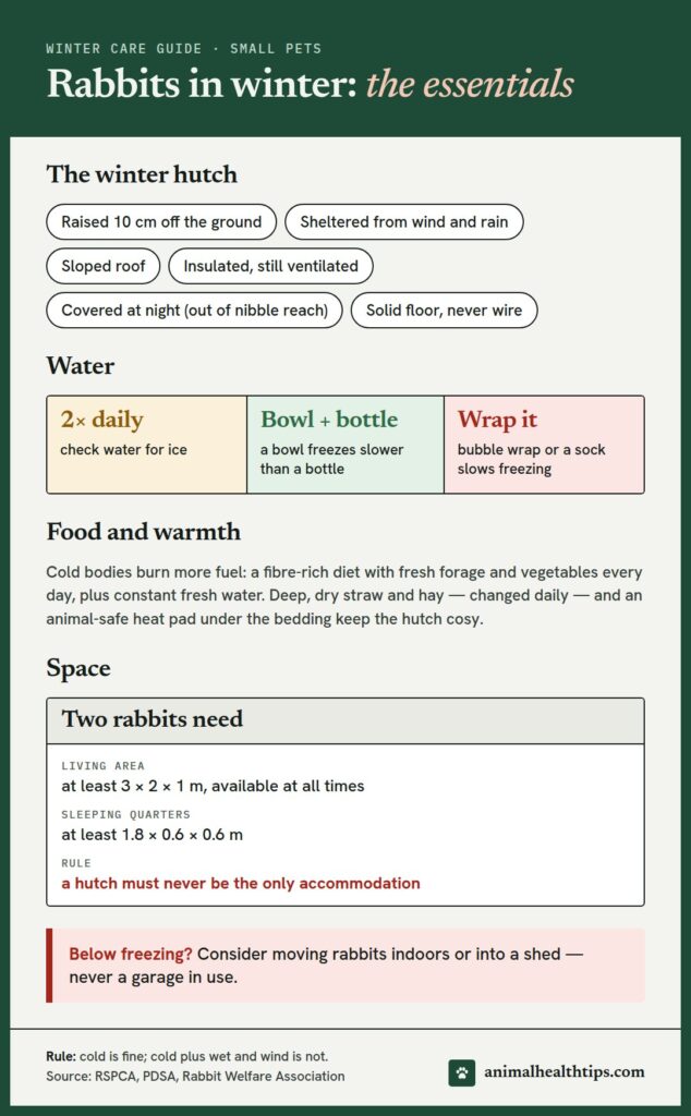 Rabbits in winter essentials: the winter hutch checklist, keeping water unfrozen, feeding for cold weather, space needs and when to bring rabbits indoors